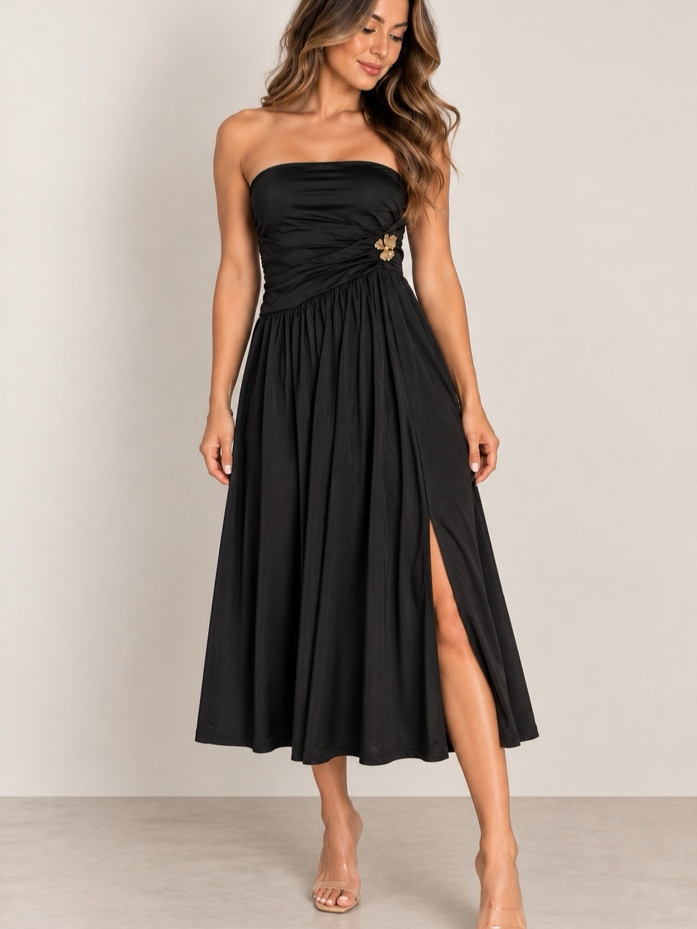 Black Strapless Ruched Maxi Dress Gold Floral Detail S